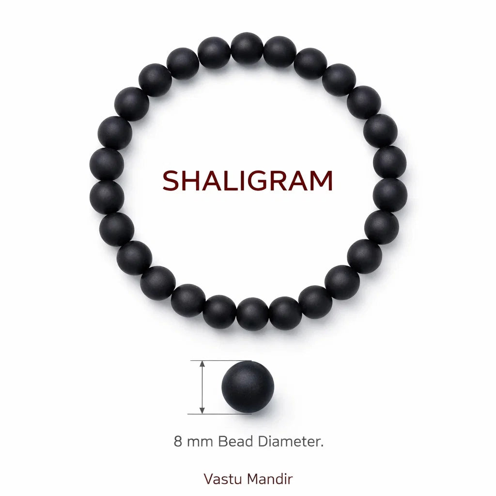Natural shaligram crystal bracelet with round beads on a clean white background