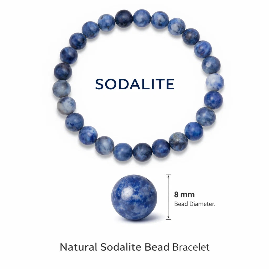 Natural sodalite crystal bracelet with round beads on a clean white background