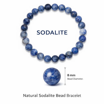 Natural sodalite crystal bracelet with round beads on a clean white background