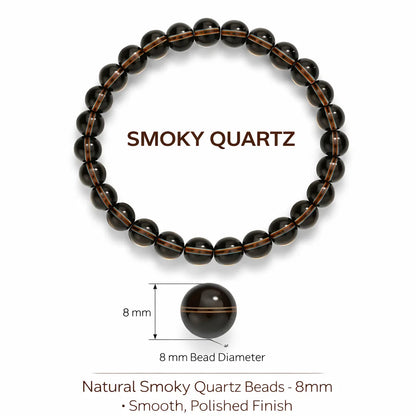 Natural smoky quartz crystal mala in a close white-background bead view