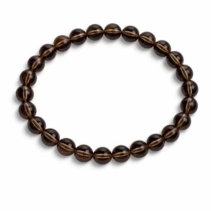 Natural smoky quartz crystal mala centred in a clean product photograph