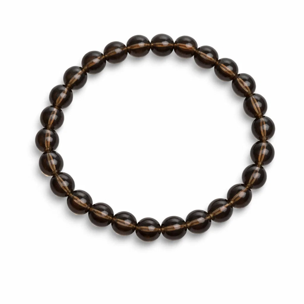 Natural smoky quartz crystal mala showing the bead colour and surface on white