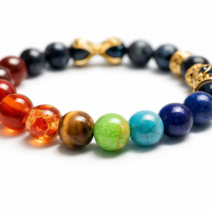 7 chakra destiny claw bracelet showing the bead colour and surface on white