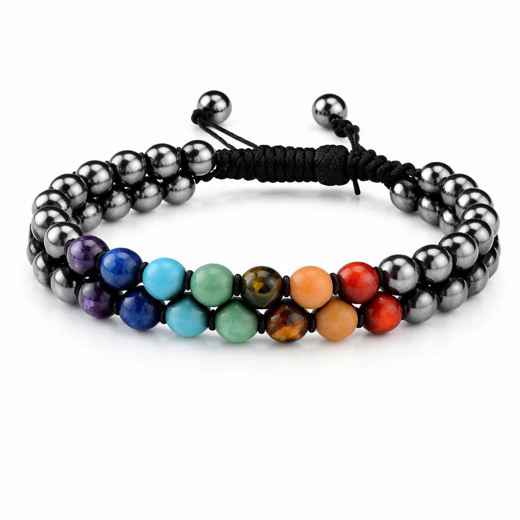 7 chakra hematite crystal bracelet showing the bead colour and surface on white
