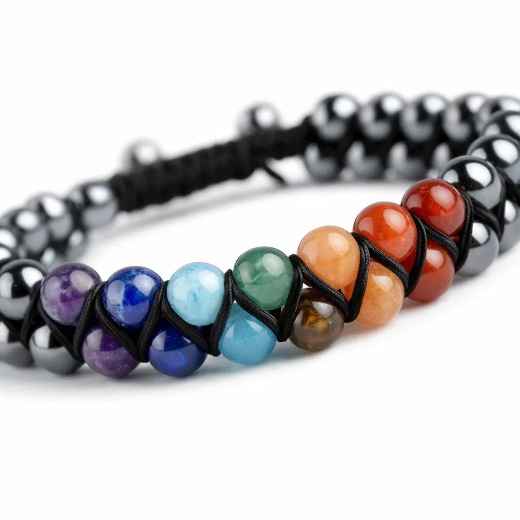 7 chakra hematite crystal bracelet in a close white-background bead view