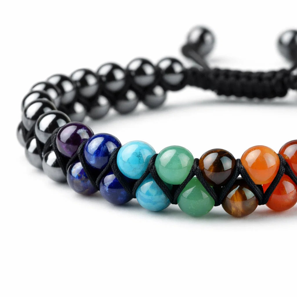 7 chakra hematite crystal bracelet with round beads on a clean white background