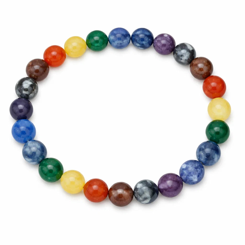 7 chakra crystal bracelet showing the bead colour and surface on white