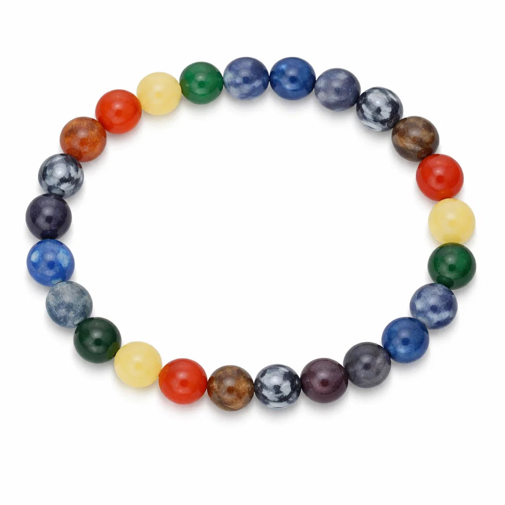 7 chakra crystal bracelet centred in a clean product photograph