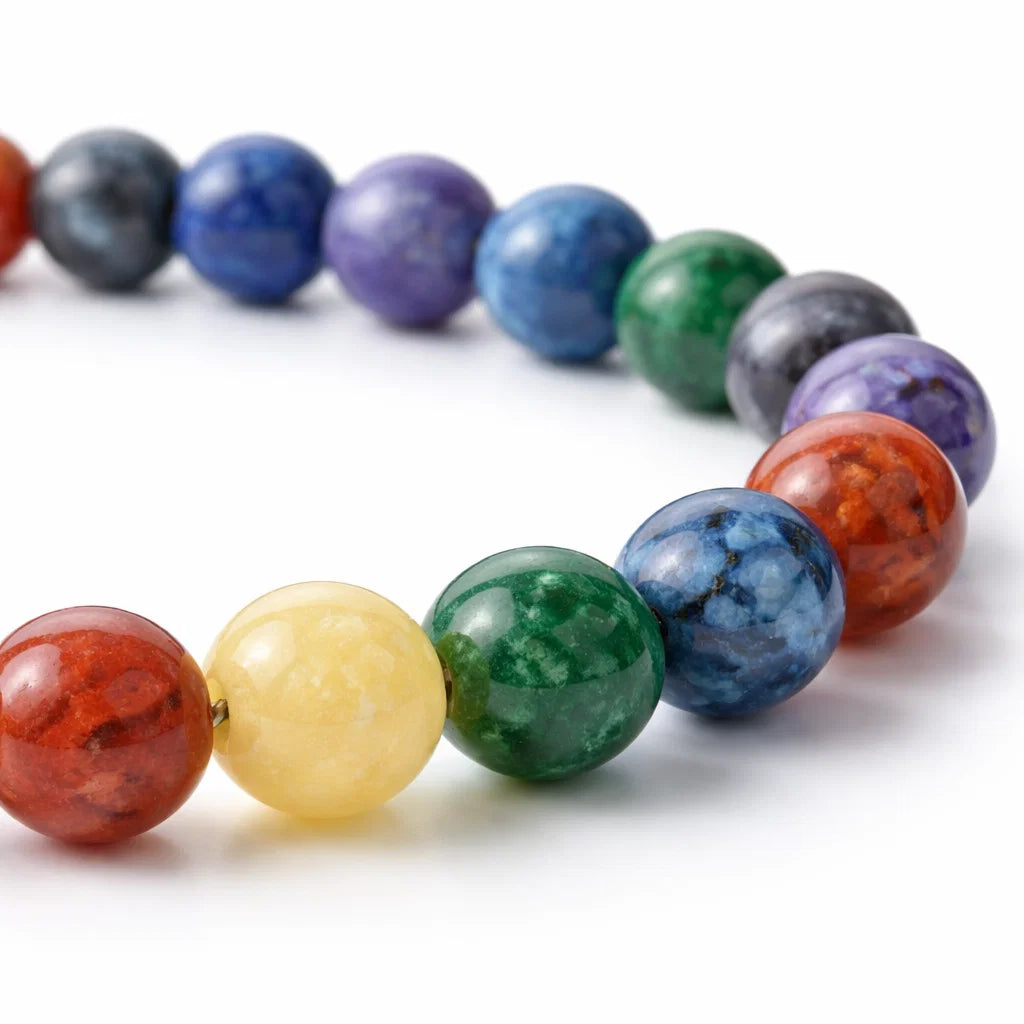 7 chakra crystal bracelet in a close white-background bead view