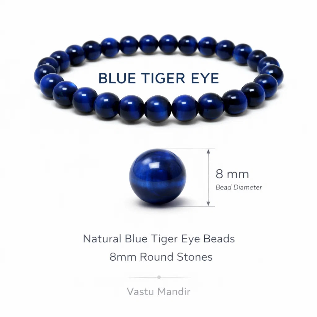 Natural blue tiger eye crystal bracelet with round beads on a clean white background