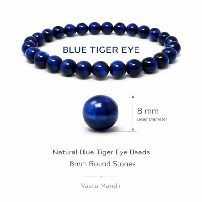 Natural blue tiger eye crystal bracelet with round beads on a clean white background