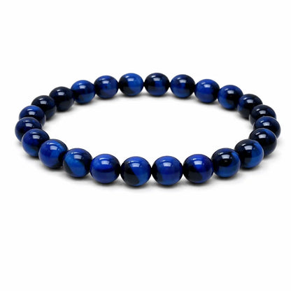 Natural blue tiger eye crystal bracelet showing the bead colour and surface on white