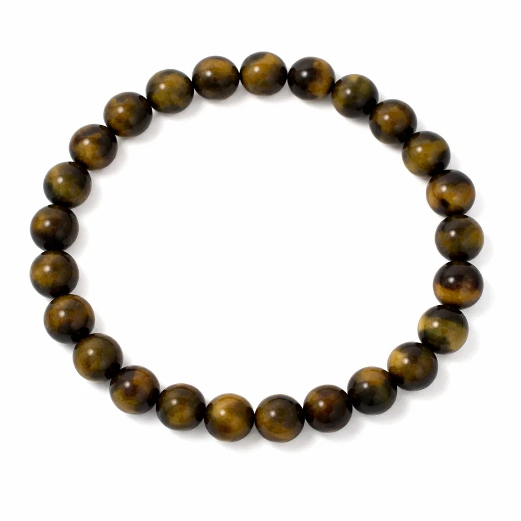 Natural tiger eye crystal bracelet showing the bead colour and surface on white