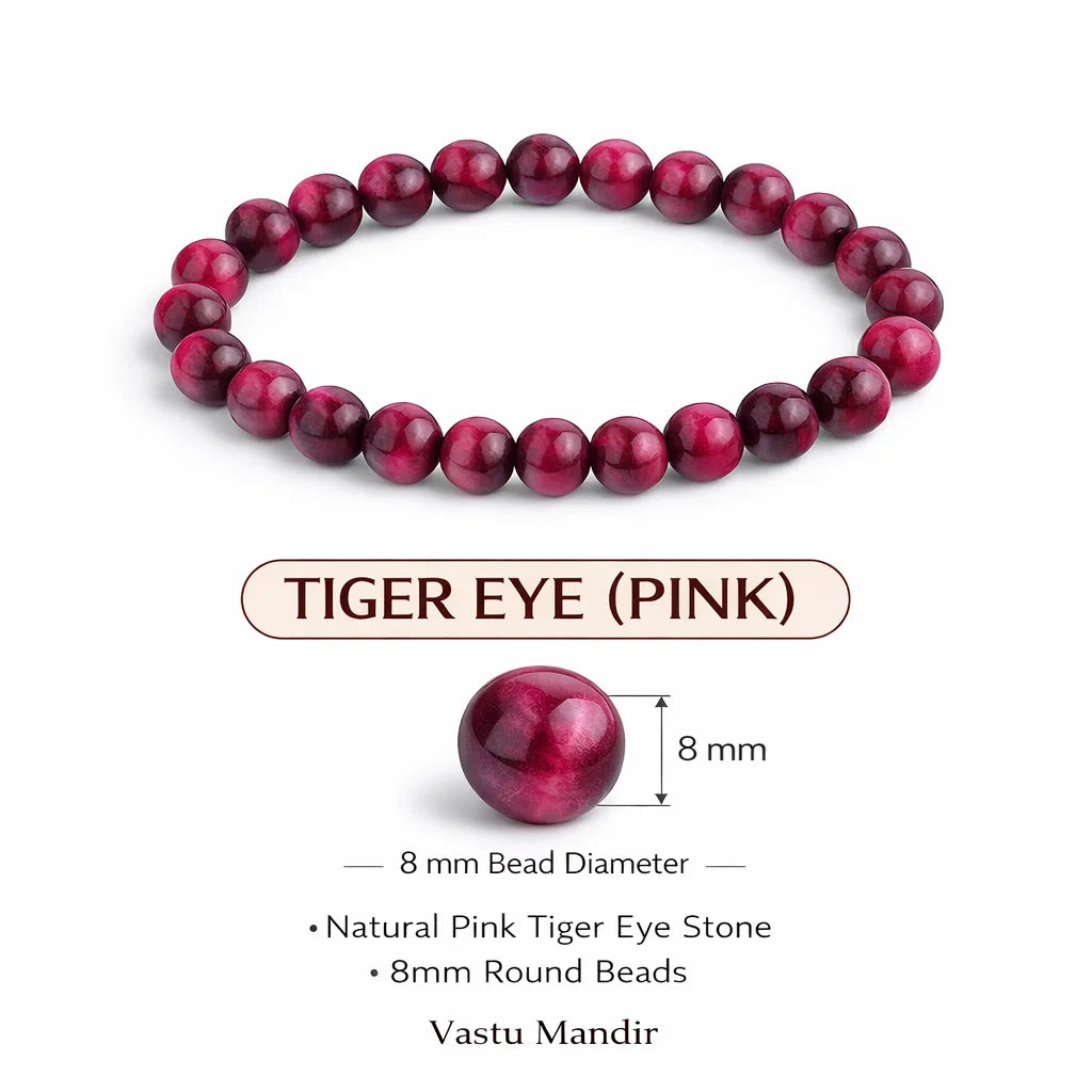Natural pink tiger eye crystal bracelet with round beads on a clean white background