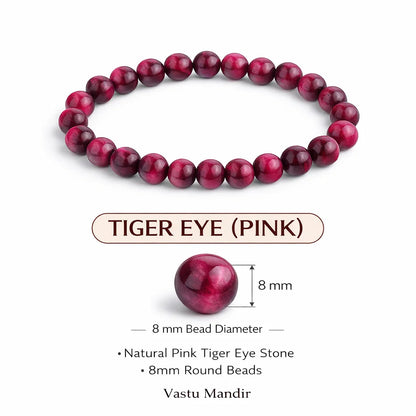 Natural pink tiger eye crystal bracelet with round beads on a clean white background