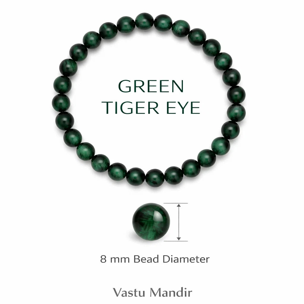 Natural green tiger eye crystal bracelet with round beads on a clean white background
