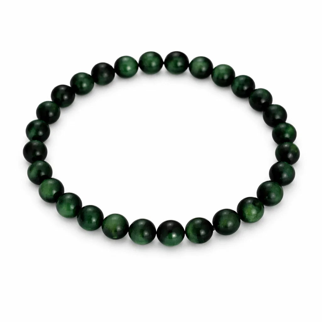 Natural green tiger eye crystal bracelet showing the bead colour and surface on white