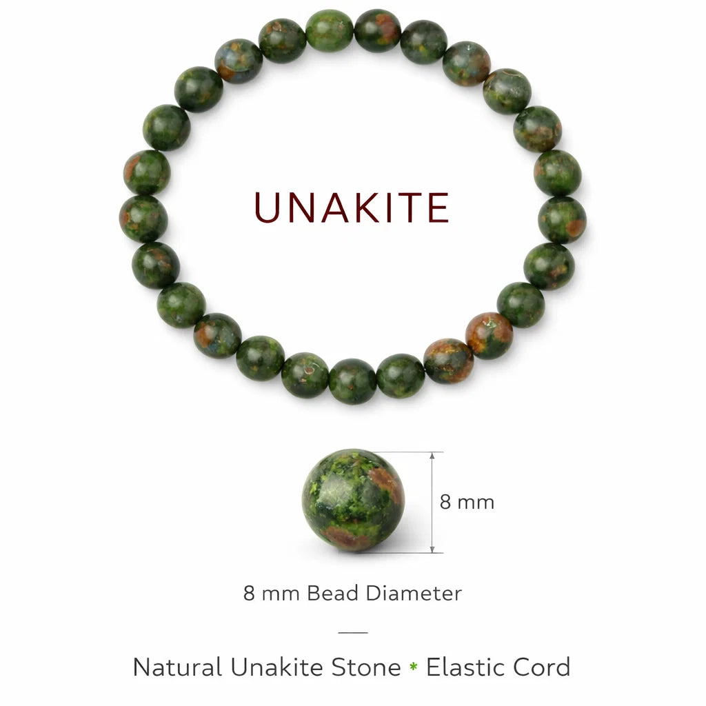 Natural unakite crystal bracelet with round beads on a clean white background
