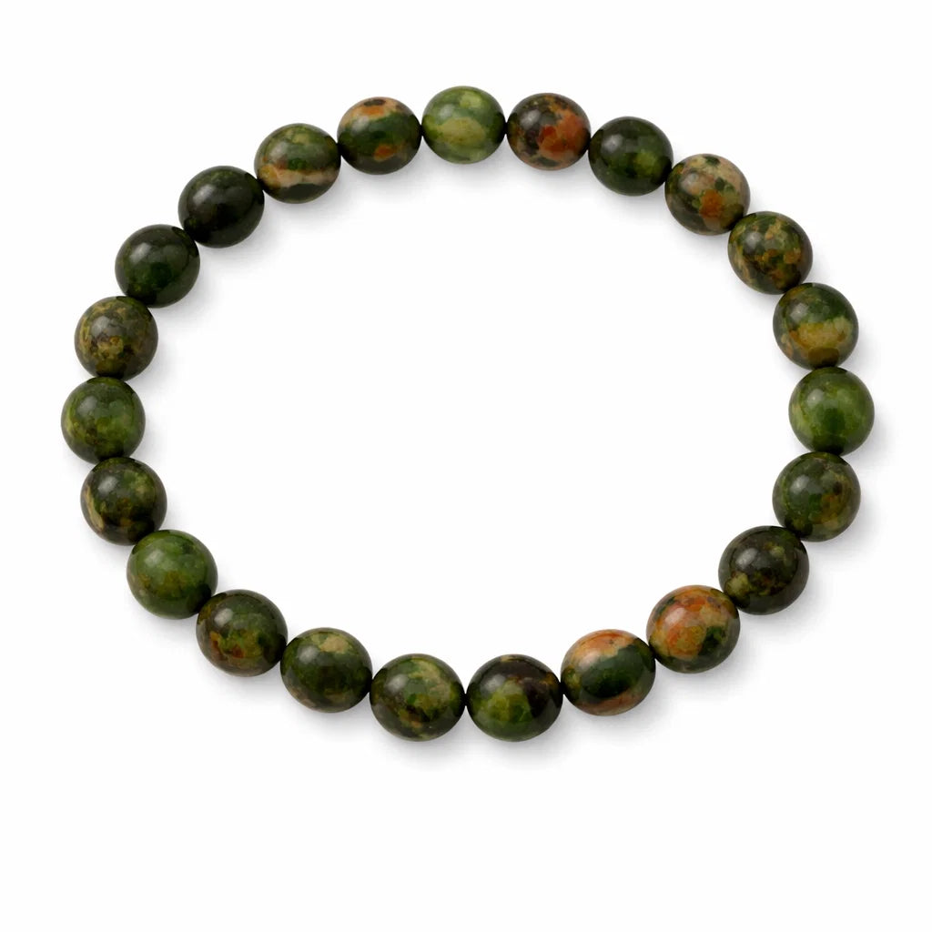 Natural unakite crystal bracelet centred in a clean product photograph