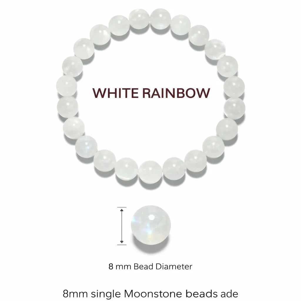 Natural rainbow moonstone crystal bracelet in a close white-background bead view