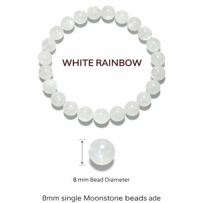 Natural rainbow moonstone crystal bracelet in a close white-background bead view