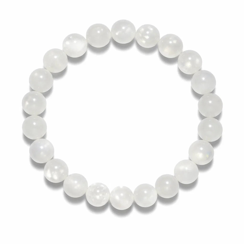 Natural rainbow moonstone crystal bracelet centred in a clean product photograph