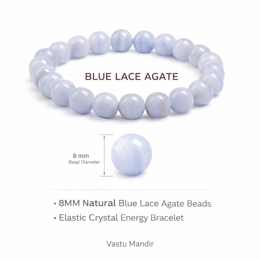Blue lace agate crystal bracelet with round beads on a clean white background