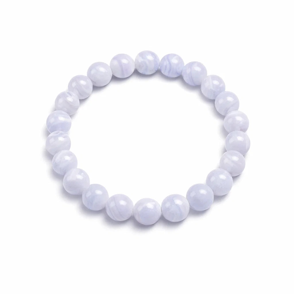 Blue lace agate crystal bracelet showing the bead colour and surface on white