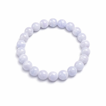 Blue lace agate crystal bracelet showing the bead colour and surface on white