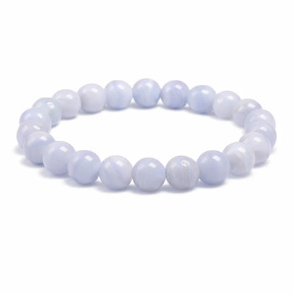 Blue lace agate crystal bracelet centred in a clean product photograph
