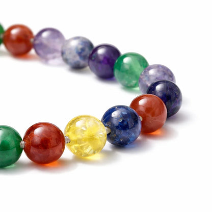 Multicolor agate crystal bracelet with round beads on a clean white background