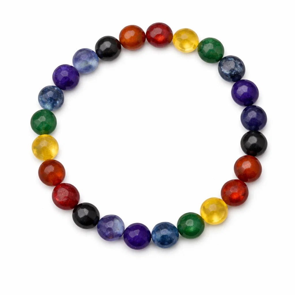 Multicolor agate crystal bracelet centred in a clean product photograph