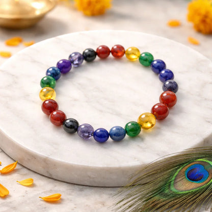 Multicolor agate crystal bracelet shown in a second hand-held product view