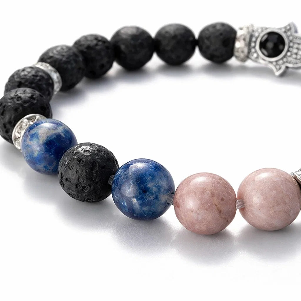 Thyroid support crystal bracelet with round beads on a clean white background