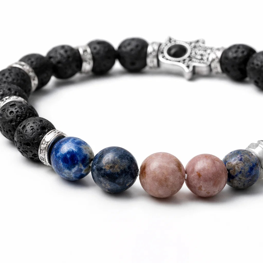 Thyroid support crystal bracelet showing the bead colour and surface on white