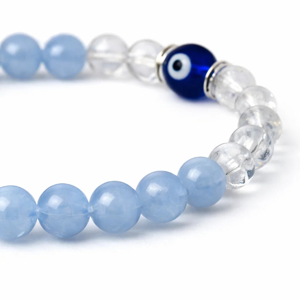 Aquarius birthstone crystal bracelet in a close white-background bead view