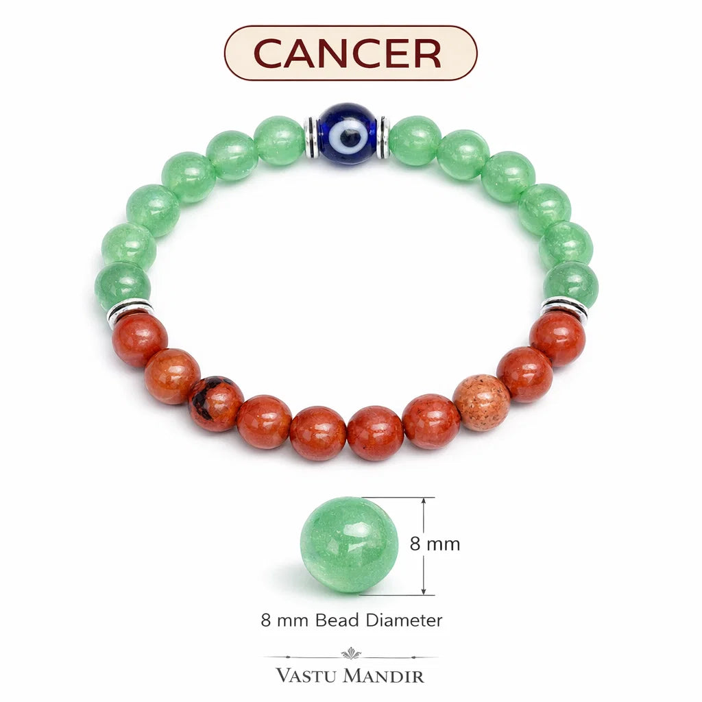 Cancer zodiac crystal bracelet with round beads on a clean white background