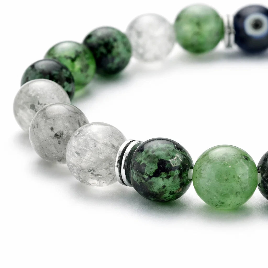 Aries zodiac crystal bracelet with round beads on a clean white background