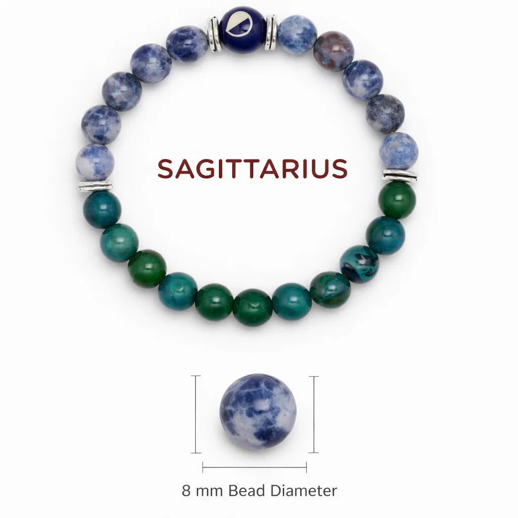Sagittarius zodiac crystal bracelet in a close white-background bead view