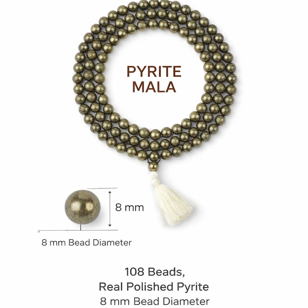Pyrite mala size infographic showing 108 beads, 8 mm bead diameter and a cream tassel