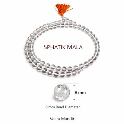 Sphatik mala size infographic showing 108 beads and an 8 mm bead diameter