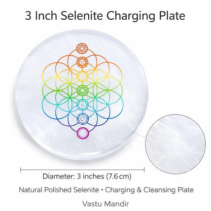7 chakra flower of life selenite charger infographic summarising visible product features