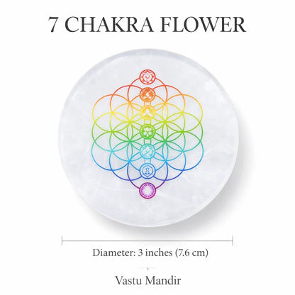 7 chakra flower of life selenite charger on a clean white background