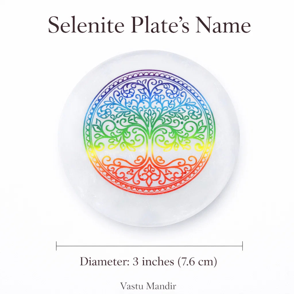 Geometric selenite plate infographic summarising visible product features