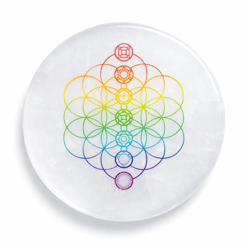 7 chakra flower of life selenite charger in a close-up view against a clean white background