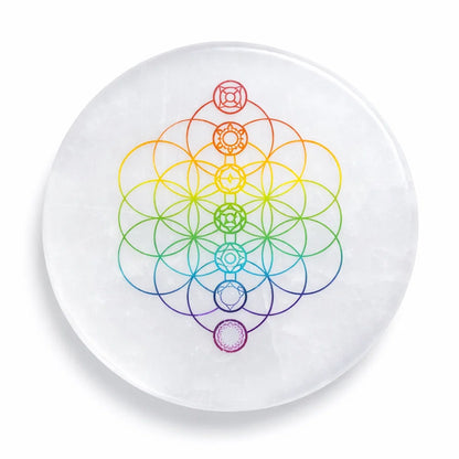 7 chakra flower of life selenite charger in a close-up view against a clean white background