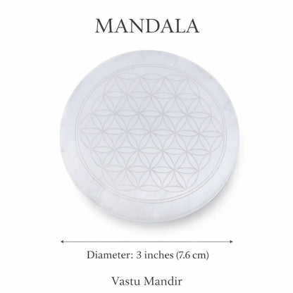 Mandala selenite plate in a close product view on white
