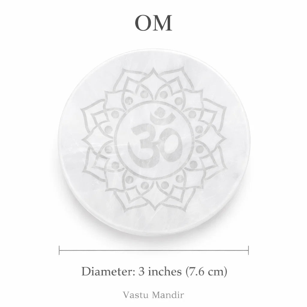 Om symbol selenite plate on a clean white background