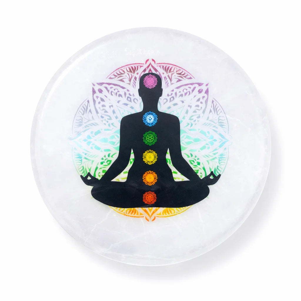 Aura color selenite plate in a close product view on white