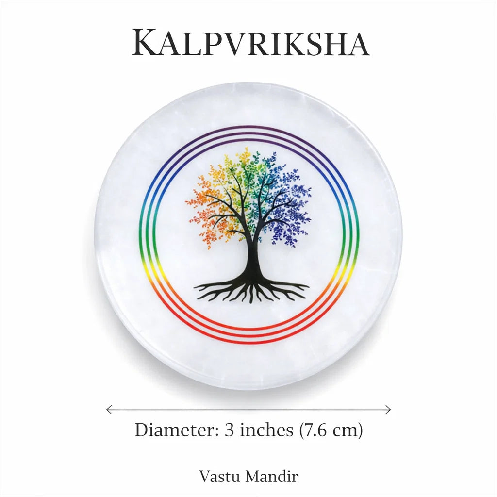 Kalpavriksha selenite plate on a clean white background